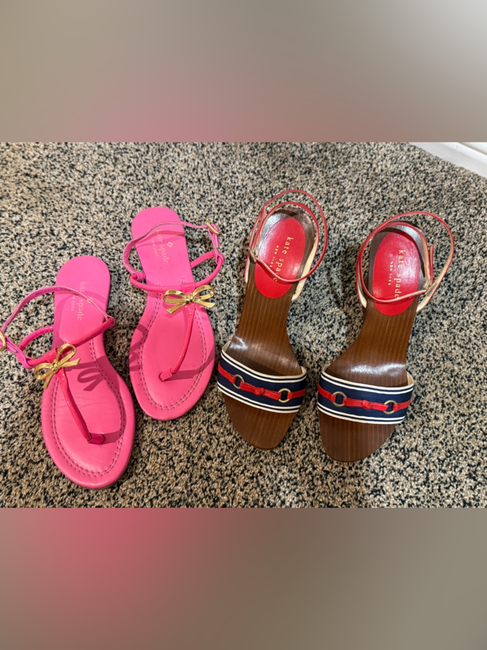 Kate Spade Pink Bow Thong Sandals & Navy Red Striped Wood-Look Heels